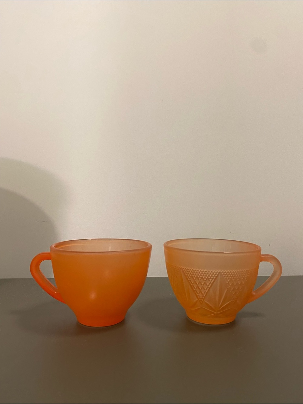 Vintage Peach Glass Teacup Set of 2 Mismatched KIG & Firna Indonesia Retro